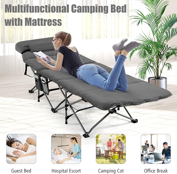 Goplus Camping Cot, Folding Camping Cot with Mattress, Pillow, Carry Bag, Storage Pocket, Camping Bed Military Cot for Home Office Nap Hiking, Heavy-Duty Portable Sleeping Cot for Adults Kids (Grey)