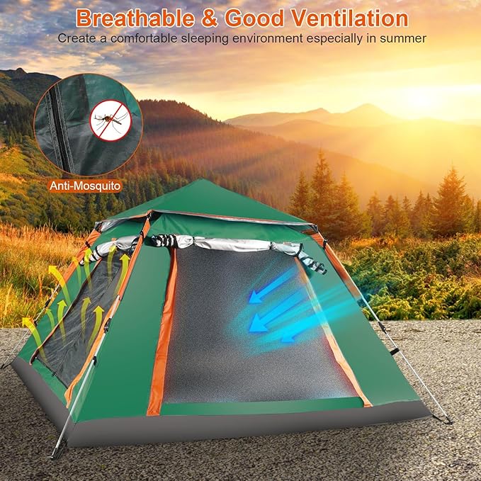 4-6 Person Pop-Up Camping Tent, Portable Instant Setup Family Tent with 2 Windows, for Hiking, Backpacking & Outdoor Adventures, Waterproof & Windproof
