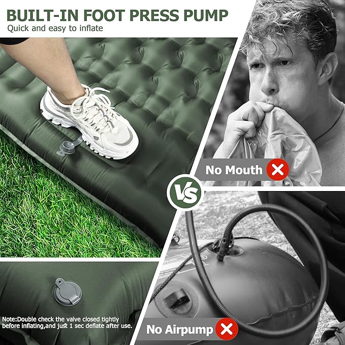 5.1" Thick Double Sleeping Pad with Foot Pump & Pillow, 77.5x53.9 2-Person Air Mattress for Camping, Ultralight & Compact for Backpacking, Hiking, Car Travel，Military Green