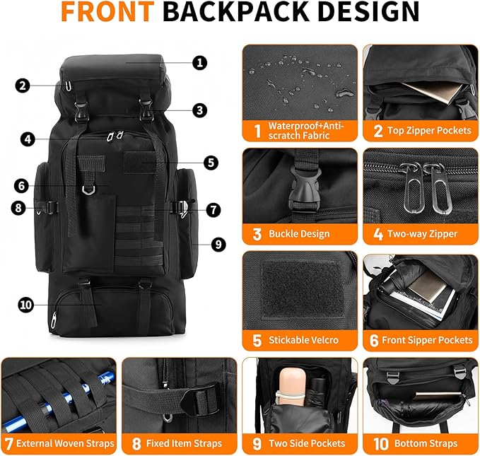 Hiking Backpack Tactical Backpack for Men Women, 80L Military Backpack Rucksack Waterproof Large Travel Camping Backpack for Men, Molle Rucksack Outdoor Sport Travel Cycling Daypack (Black)
