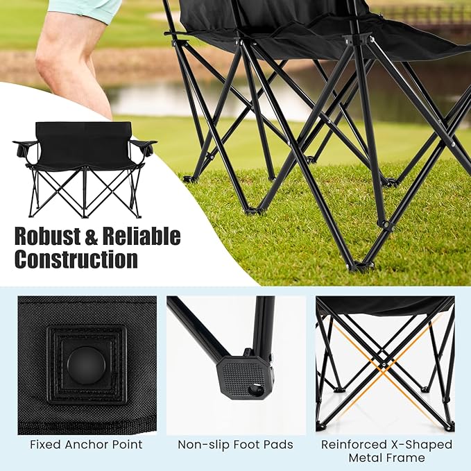 Goplus Double Camping Chair, Oversized Heavy Duty Camping Loveseat for Adults, Portable Folding 2 Person Camping Chair with Cup Holder for Outdoor Lawn Beach Backyard