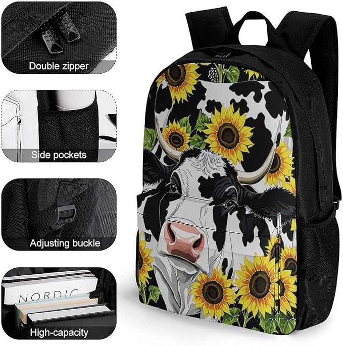 Supdreamc Polyester Daypack for Camping Travel Walking Cycling, Big Capacity Anti-Theft Multipurpose Bookbag, Farm Cow Sunflower Print Camping Outdoor Backpack