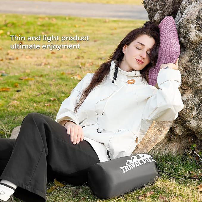 Travel Pillow Memory Foam Pillows, Camping Pillow-Compressible Medium Firm, Breathable Cover, Ideal Backpacking Hiking, Bed Pillows, Airplane and Car (Apricot Pink, S)