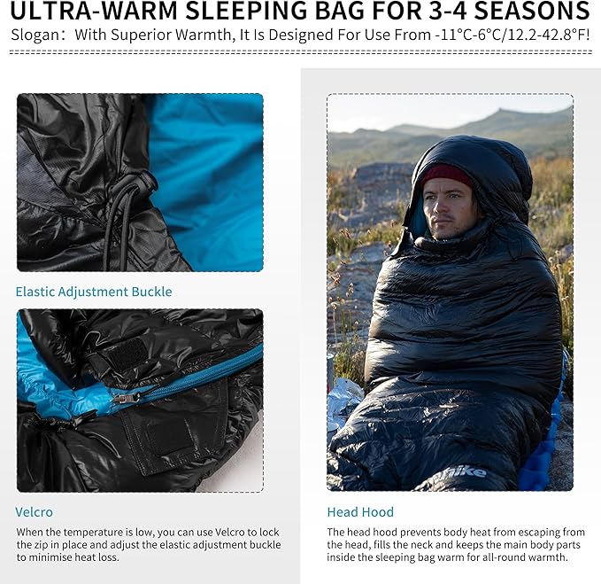 Naturehike Ultralight Down Sleeping Bag, 650FP Backpacking Sleeping Bag for Adults, 40.4℉ Waterproof Sleeping Bags for Camping, Hiking, Traveling with Compression Sack