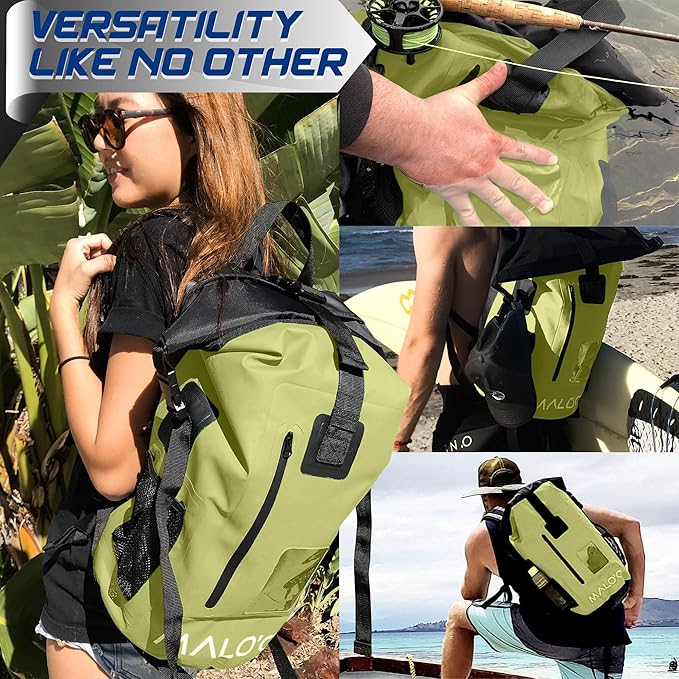 Malo’o DryPack 30L Waterproof Backpack, Roll-Top Dry Bag Backpack with Padded Straps, Floating Design for Beach, Kayaking, Fishing, Boating, Travel, and Water Sports, Dark Green