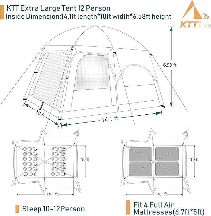 KTT Extra Large Tent 6-10-12-14 Person(Style-B),Family Cabin Tents,2 Rooms,3 Doors and 3 Windows with Mesh,Straight Wall,Waterproof,Double Layer,Big Tent for Outdoor,Picnic,Camping,Family Gathering