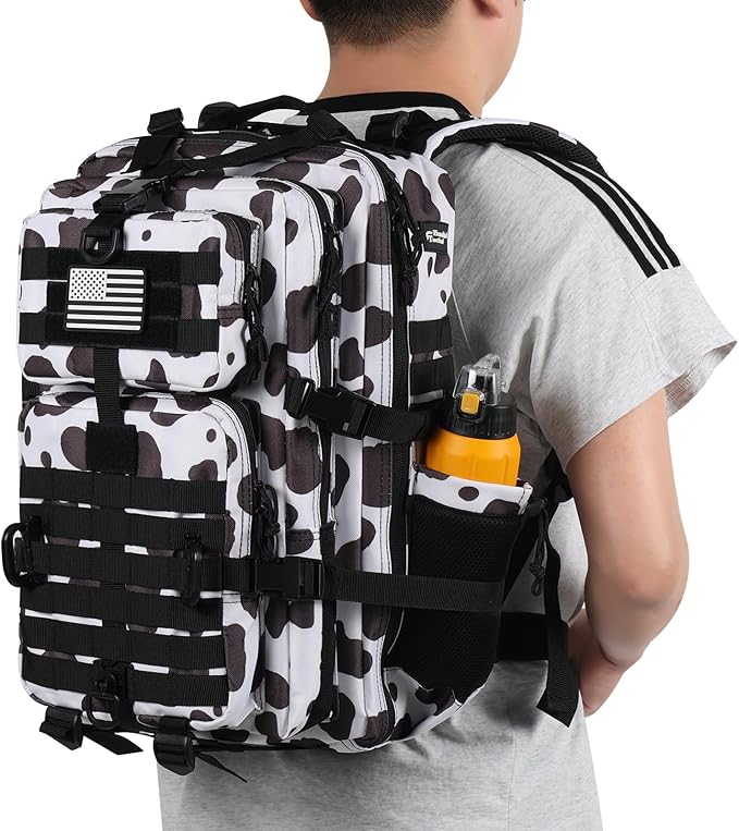 45L MOLLE Assault Backpack, Tactical Backpack Military Army Camping Rucksack with Bottle Holder, 3-Day Pack Trip w/USA Flag Patch, D-Rings, Cow Color