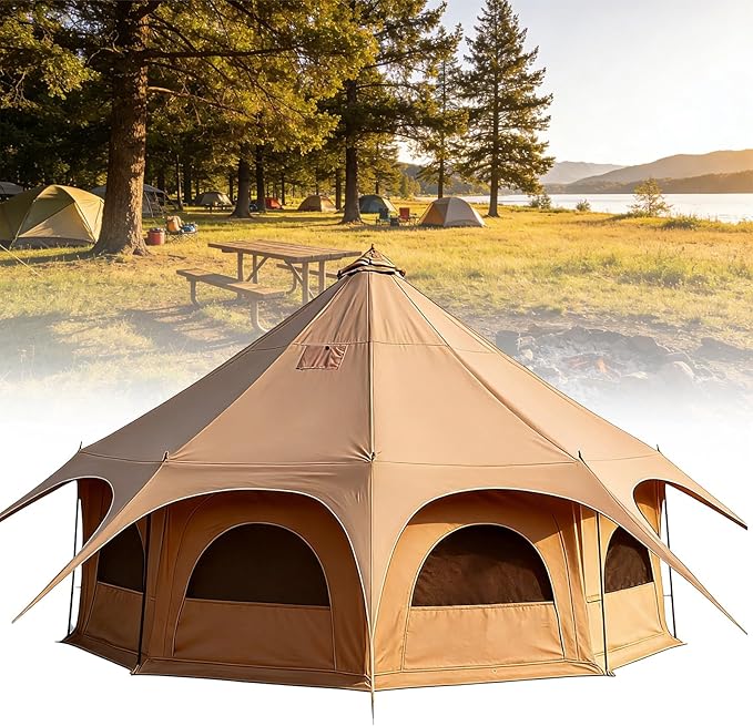 Canvas Bell Tent Wall Tent with Stove Jack for Camping Glamping Yurt Dia.16.4ft*9.2ft, Waterproof & Fire Retardant, 4 Seasons Circus Octagon Tent, Family Camping Outdoor Hunting Party
