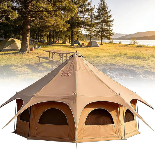 Canvas Bell Tent Wall Tent with Stove Jack for Camping Glamping Yurt Dia.16.4ft*9.2ft, Waterproof & Fire Retardant, 4 Seasons Circus Octagon Tent, Family Camping Outdoor Hunting Party
