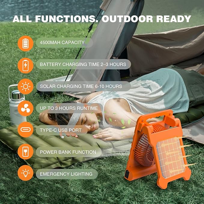 Portable Solar Camping Fan, 4000mAh Rechargeable Battery Fan with LED Lantern, 4 Speeds & Timers, Quiet Fan for Outdoor, Tent, Fishing, Chicken Coop, Emergency, Worksite
