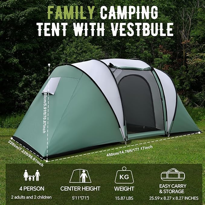 2-4 Person Family Camping Tent with Porch, Weatherproof Camping Shelter with Rainfly, 2 Room Easy Set Up Family Tent with Living Area for Outdoor, Backyard, Hiking