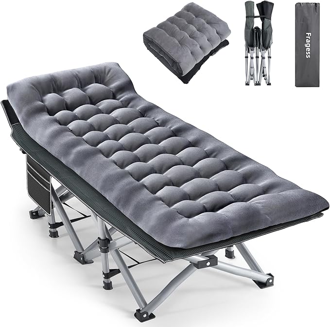 Camping Cot, Sleeping Cots for Adults, Portable Camping cots with Mattress, Pillow and Carry Bag, 1200D Double Layer Oxford, 600 LBS Weight Capacity Cots for Sleeping(Grey+Black)