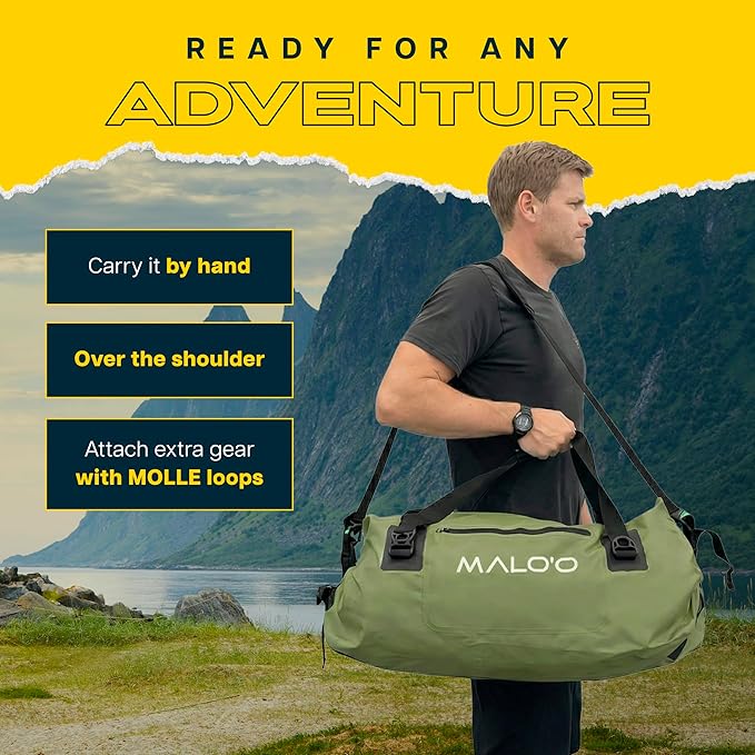 Malo’o Waterproof Dry Duffel, Heavy-Duty Roll Top Waterproof Gear Bag with Shoulder Strap & Molle Loops, Marine Duffel for Kayaking, Boating, Camping, Beach & Travel, Dark Green, 60L