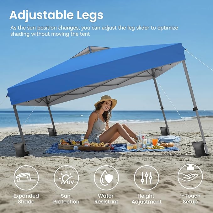 PHI VILLA 10’ x10’ Pop Up Canopy Tent - One Push Setup, Instant Shade Tent with Vented Roof for Beach & Events - Includes Storage Bag, Sandbags, Stakes & Ropes (Blue)