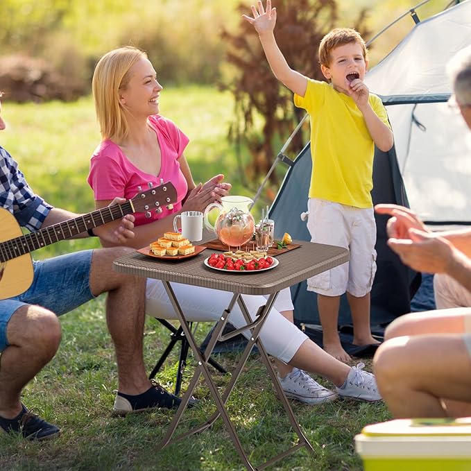 Tangkula 23.5" Square Folding Table, Indoor Outdoor Foldable Plastic Table with Rattan Textured HDPE Tabletop, Sturdy Metal Fame, Carrying Handle, 4 Person Picnic Table for Camping BBQ Party