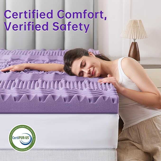 MUXHOMO 3 Inch King Size Mattress Topper, 7-Zone Gel Infused Mattress Topper, Egg Crate Memory Foam Mattress, Lavender Cooling Gel Infused Bed Pad, CertiPUR-US Certified (76"×80", Lavender)