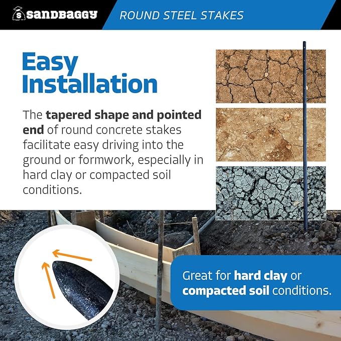 Sandbaggy Round Steel Concrete Form Stakes with Nail Holes - Rust Resistant Coating - Removable, Reusable (200, 3/4 in X 36 in)