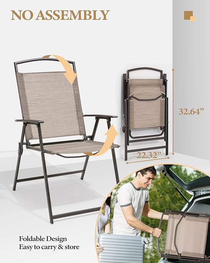 Crestlive Products Patio Folding Chairs Set of 2, Outdoor Folding Chairs with Durable Rust-Resistant Frame and Breathable Textilene Material for Outside, Beige