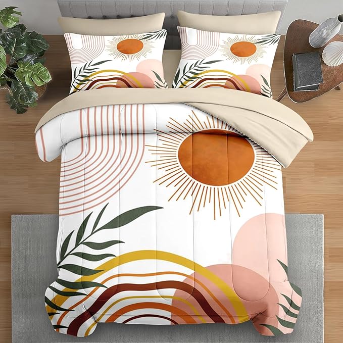 7 Pcs Comforter Set King Size, Boho Sunshine Retro Bedding Set for Kids and Adults, Vintage Bed Sheet Sets with Fitted Sheet 2 Pillowcase & 2 Sham for Bedroom Bed Decor