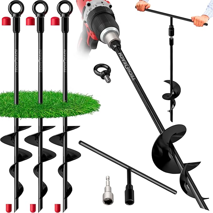 Ground Anchor Heavy Duty 18 inch - Earth Anchor Screw in Kit 4 Pack - Tie Down Swing Set Anchors - Auger Spiral Trampoline Stakes High Wind - Camping Carport Canopy Tent Stakes for Tree Shed Sand