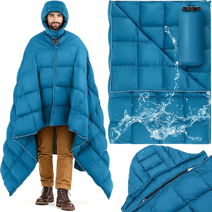 Hooded Down Camping Blanket Waterproof 650 Fill Puffy Poncho Blanket 77" x 50" Packable Wearable Sleeping Bag with Detachable Hat Outdoor Stadium Camping Cold Weather, 1.36 lb(Teal Blue)