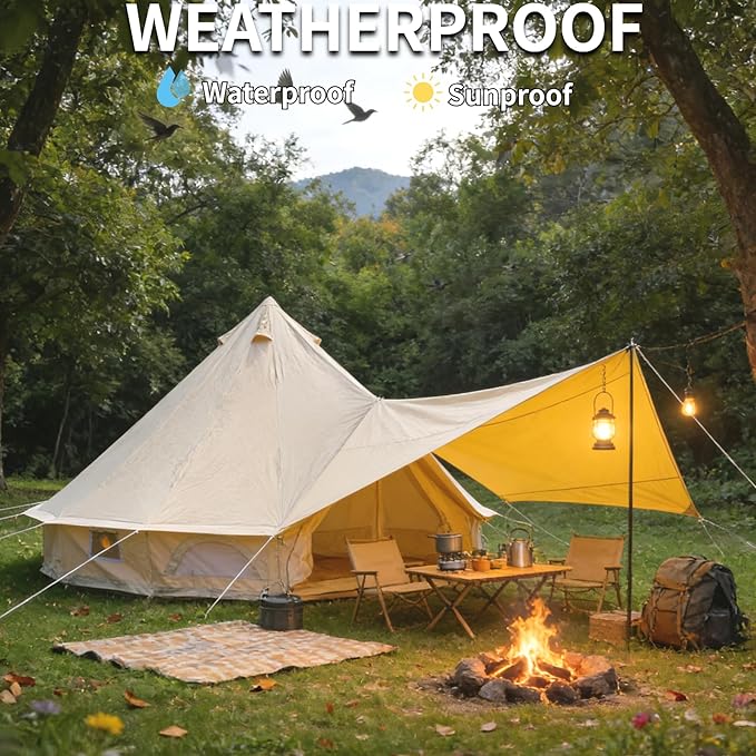DANCHEL OUTDOOR Waterproof Bell Tent Awning, 4 Season Camping Tarp – Portable Canopy Cover with Poles, Lightweight Glamping Accessories, Rectangle