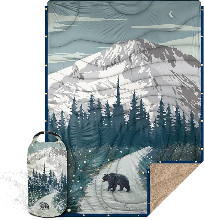 Outdoor Camping Blanket with Sherpa Lining, Extra Warm Thick Camp Blankets and Puffy Ultralight Soft Poncho DWR Camping Quilt for Cold Weather, Adventure, Sleeping, Backpacking 78"x 56"