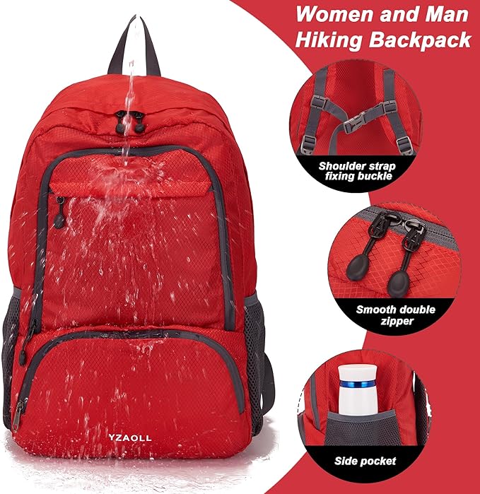 YZAOLL 30L Hiking Backpack Lightweight Day Packs, Packable Backpack for Women Men Travel Camping Vacation,Burgundy