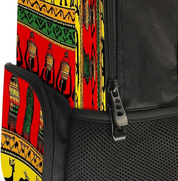 Polyester Daypack Backpack for Sports Travel Running, Big Capacity Anti-Theft Multipurpose Carry On Bag, Ethnic Tribal African Black Women Deer Elephants Art Laptop Book Bag Rucksack