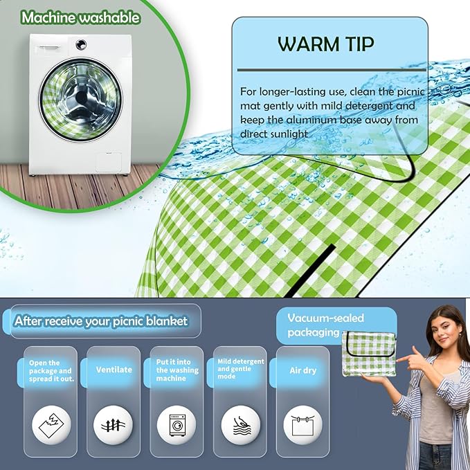 Picnic Camping Blankets, 3 Layers Thick Soft Gingham Blanket, Large 59X79IN Foldable Waterproof Rug, Portable Outdoor Mat for Beach Grass Hiking Park Travel, Sandproof, Machine Washable-Green