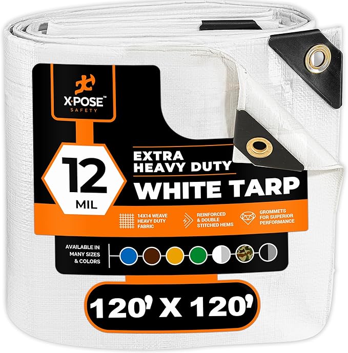 Heavy Duty White Poly Tarp 120' X 120' - Multipurpose Protective Cover - Durable, Waterproof, Weather Proof, Rip and Tear Resistant - Extra Thick 12 Mil Polyethylene - by Xpose Safety