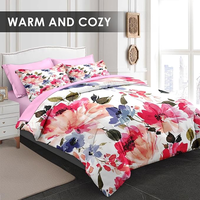 Comforter Set Queen Size, Flower Floral Leaf 7 Pcs Bedding for Kids and Adults, Painting Summer Spring Bed Sheet Sets with Fitted Sheet 2 Pillowcases & 2 Shams for Bedroom Bed Decor