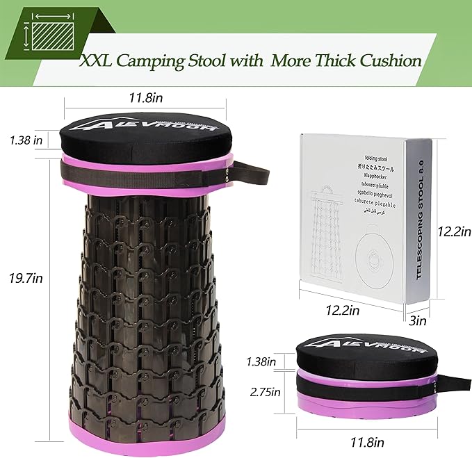 ALEVMOOM 2025 Upgraded XXL Collapsible Stool with Cushion 19.7",1000lbs Max Weight,Wider & Taller Pop Up Seat, Heavy Duty Portable Retractable Folding Chair or Travel Foot Rest for Camping & Outdoors