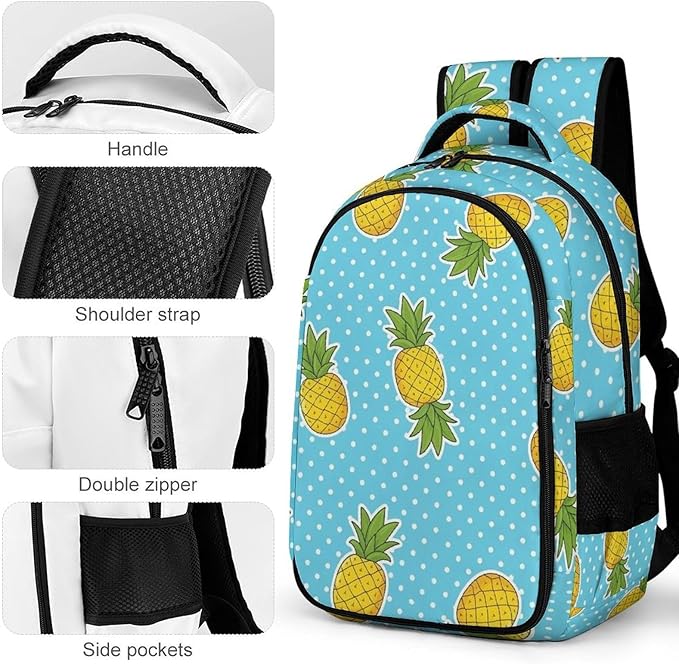 Travel Backpack Sky Blue Polka Dots Yellow Pineapples for Women Men, Anti Theft Laptop Daypack with Large Capacity for College Work Weekender Outdoor
