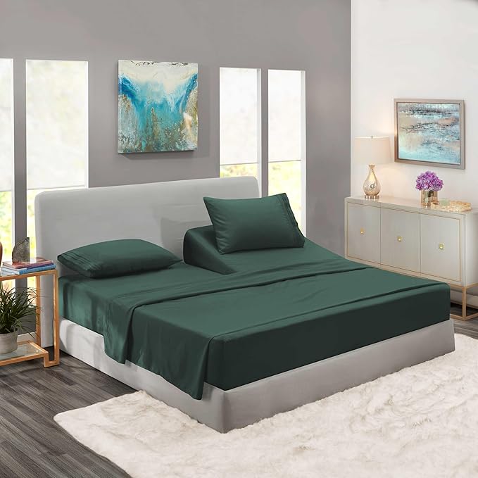 Clara Clark Flex Top King Sheets - Hotel Luxury 6 Piece Bed Sheets for Top Split King Bed - Soft Bedding Sheets & Pillowcases, Head Split King Size. Forest Green