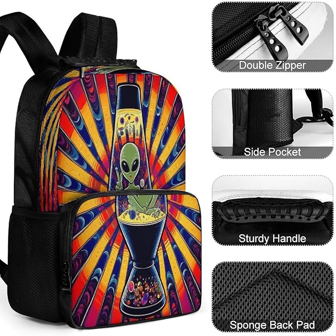 Men Women Lightweight Trippy Tie Dye Alien Casual Daypack Big Capacity Bookbag With Padded Straps for Gym Travel Walking Cycling