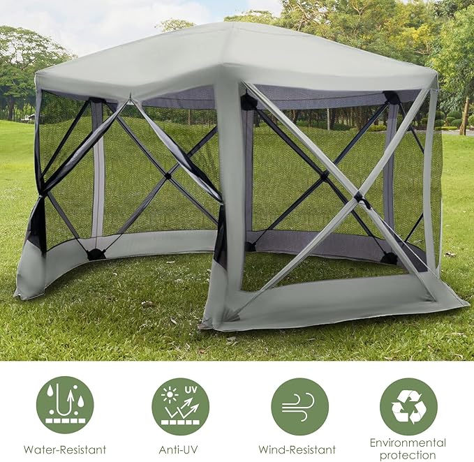 Outsunny 12' x 12' Hexagon Screen House, Pop Up Tent Portable Gazebo Canopy Shelter with Mesh Netting Walls, Carry Bag and Shaded Interior, Beige