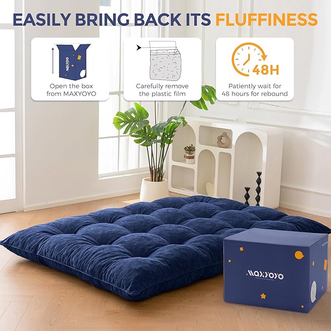 MAXYOYO Floor Mattress Full Size, 6" Chenille Japanese Futon Mattress Foldable Floor Bed for Adults Tufted Roll Up Floor Couch Bed, Tatami Mat Sleeping Pad for Living Room, Bedroom, Navy