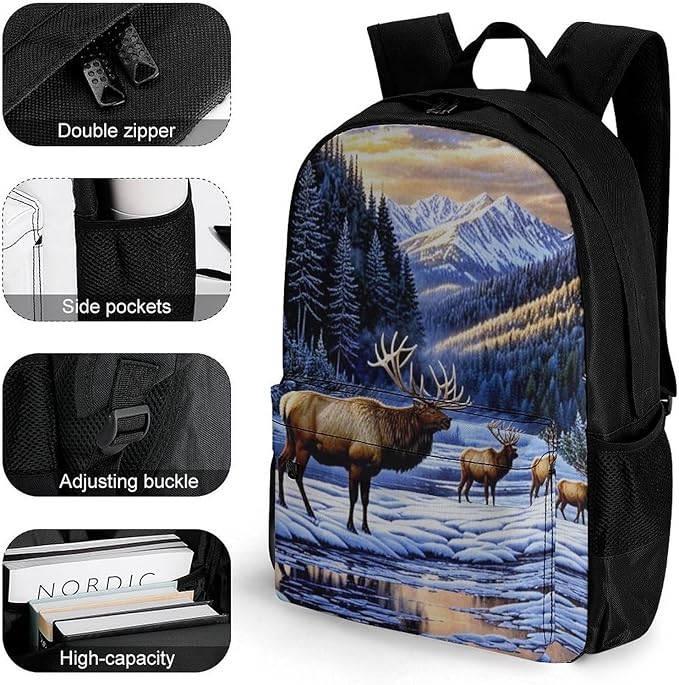 Supdreamc Daypack Backpack Anti-Theft Multipurpose Big Capacity Bookbag, Elk Winter Snow Business Computer Bag With Side Pockets