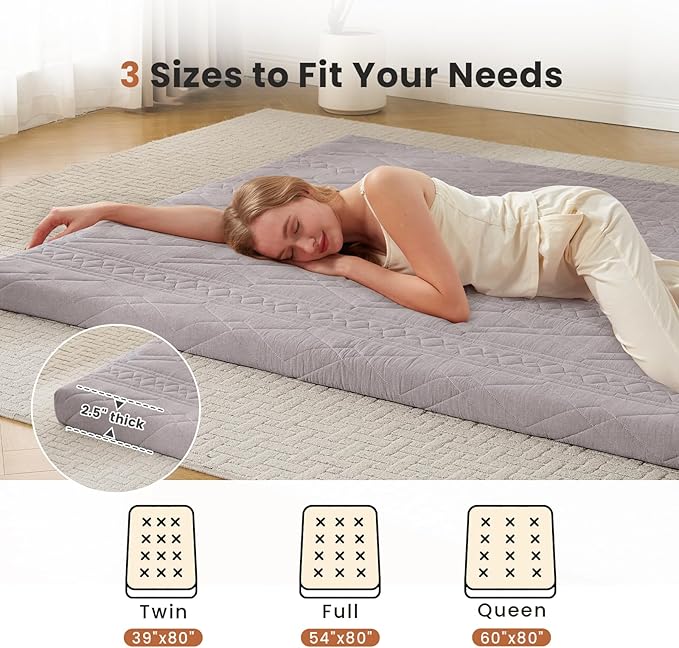 Japanese Floor Mattress Futon Mattress, 100% Cotton Washable Cover, Roll Up 2.5" Thick Tatami Mat, Portable & Foldable Floor Bed Mattress for Sleeping, Guest Room, Dormitory (Twin, Grey)