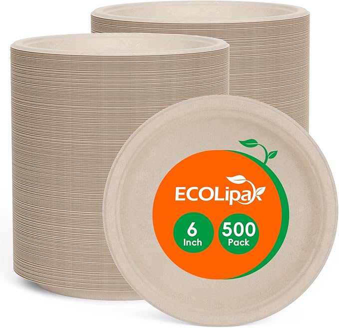 ECOLipak 6 Inch Disposable Compostable Small Paper Plates, 500 Pack Recycled Sugarcane Bagasse Biodegradable Heavy Duty Mini Dinner Appetizer Cake Dessert Plates for Party(Nature)