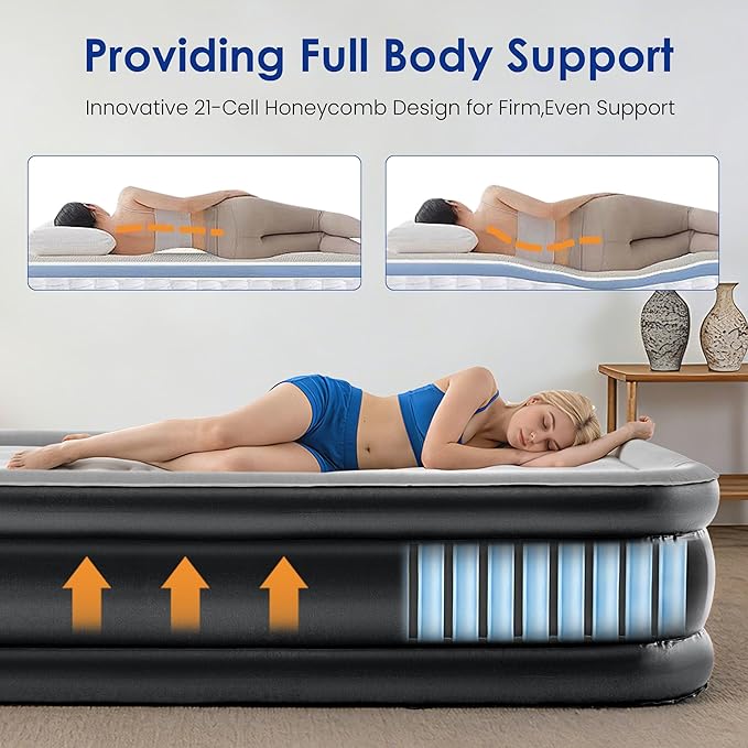 Camping Twin Air Mattress with Built-in Pump 18" Thickness 330lbs Heavy Duty Comfortable Blow up Air Mattress with Carry Bag Inflatable Foldable Flocked Top Air Bed for Travel, Home (Black & Grey)