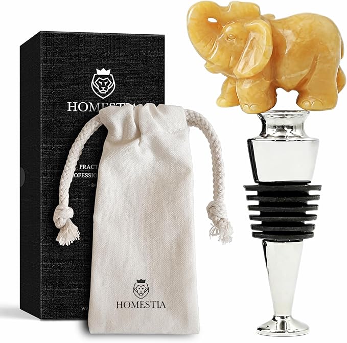 Homestia Gemstone Elephant Wine Stopper - Natural Crystal Champagne Preserver Airtight Bottle Sealer, Decorative Lucky Elephant Bottle Stopper for Wine Champagne Birthday Gifts Wedding Favors
