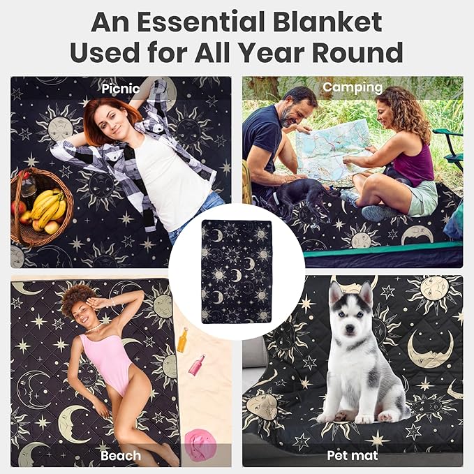 Waterproof Outdoor Blanket, 79" x 55" Large Packable Picnic Blankets, Foldable Picnic Mat for Park, Lawn, Grass, Beach, Concert (Sun and Moon)