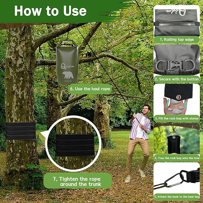 Qidoe Bear Food Bag for Camping Ultralight Food Bags Hanging System 10 L Waterproof Backpack Pulley Systems Includes Waterproof Bag, Nylon Ropes, Hooks for Camping Backpacking