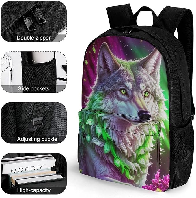 Daypack Anti-Theft Multipurpose Large Capacity Shoulder Bag, Starry Sky Colorful Wolf Leaf Art Travel Hiking Camping Rucksack With Smooth Zippers