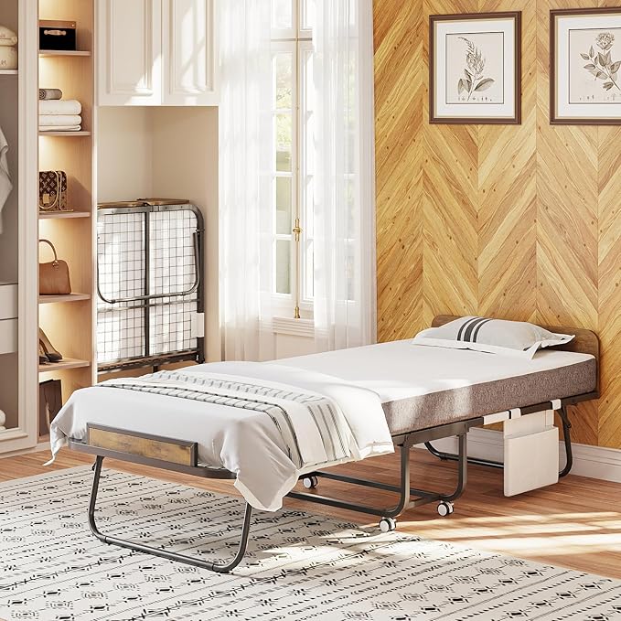 Folding Bed with 5" Mattress Wooden Headboard Side Pocket Cot Size Portable Beds for Adults Folded Guest Bed, Home Office,Fold Up Roll Away Beds for Easy Storage (Rustic Brown, Cot 75x31)