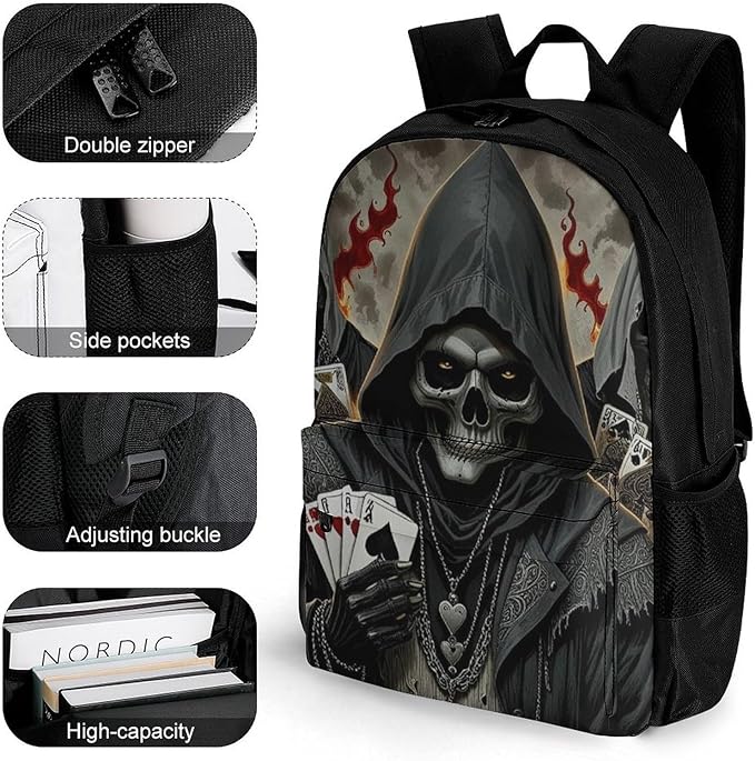 Backpack Polyester Anti-Theft Multipurpose Skull Fire Poker Cards Bookbag Large Capacity Laptop Book Bag Rucksack With Side Pockets