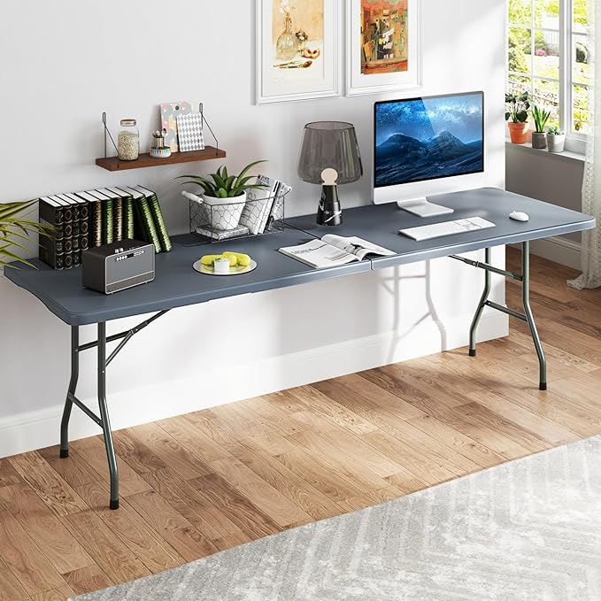 Folding Table, HDPE Portable Table with 8 ft Long Tabletop, Metal Frame Picnic Camping Table with Safe Lock, Collapsible Dining Table for Camping, Picnic, Party (Gray, 8 FT)