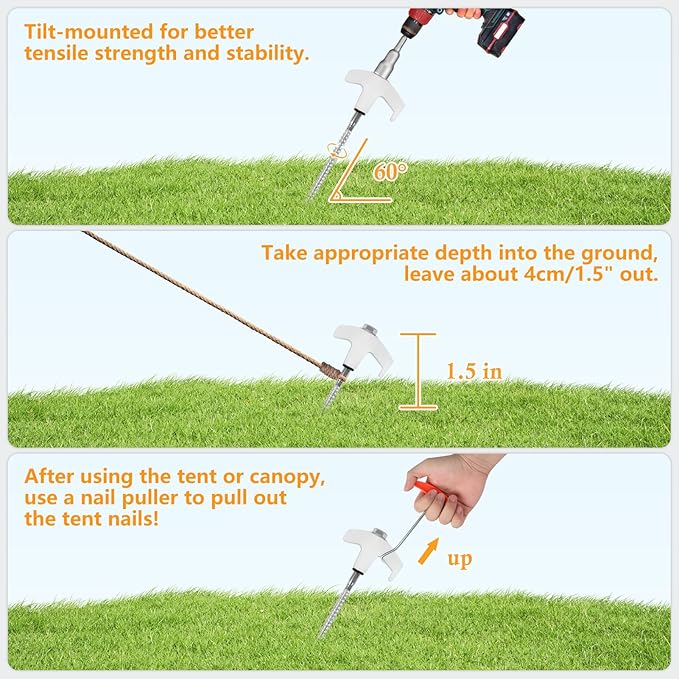 20 Pcs 8" Heavy Duty Drill Tent Stakes with Storage Bag, Glow-in-The-Dark Ground Anchor Peg, Metal Threaded Screw-in Tent Stake for Camping Swing Canopies with 1 Hex Nut Driver, Peg Puller
